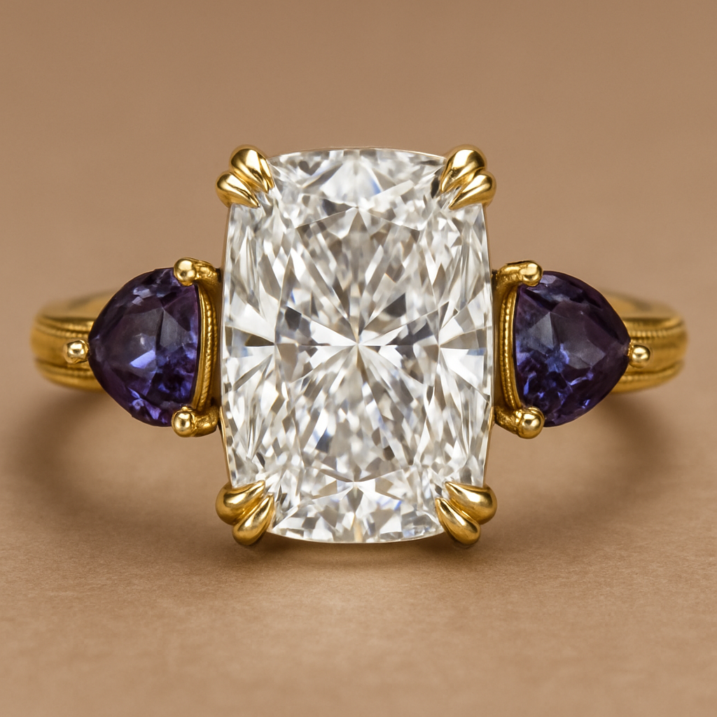 2 carat elongated cushion cut diamond engagement ring with double claw prongs in yellow gold ring with marquise shaped alexandrite side stones