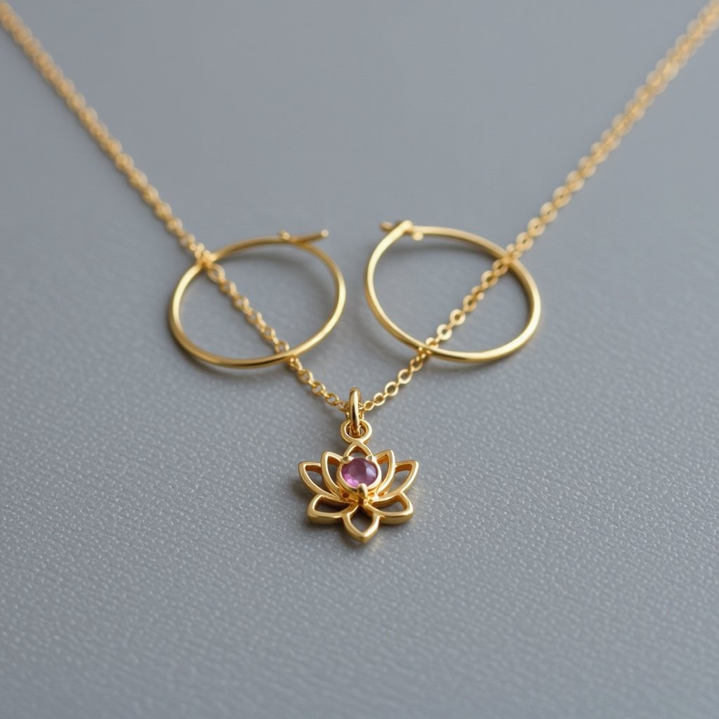Серьги небольшие кольца, подвеска в виде золотого лотоса шестью лепестками с маленьким розовым кварцем по центру