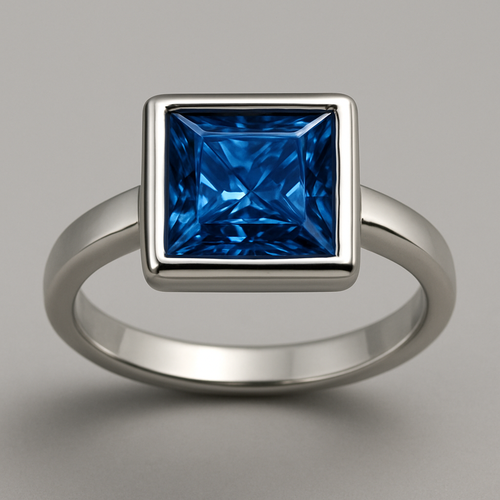 blue square tile diamond with silver framed ring