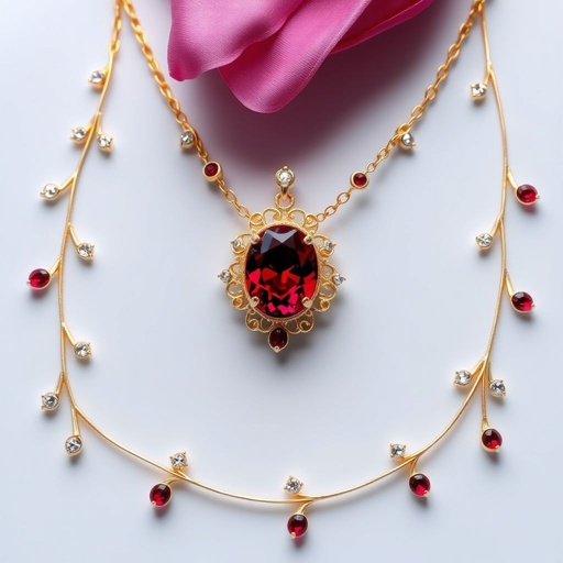 , 30 carat red ruby Opal-cut, FI IF with gold Filigree chain