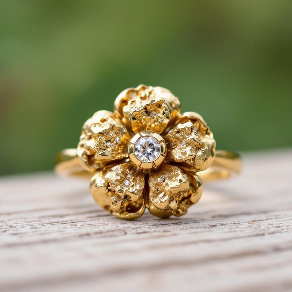 Natural Gold nugget flower ring with diamond in the center in a bezel setting 