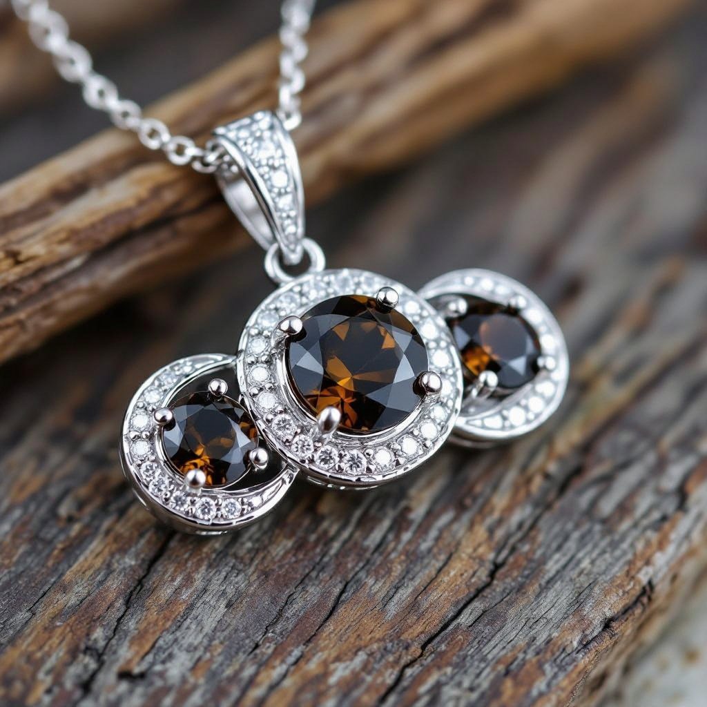 Подвеска из трех полумесяцев с узорами и камнями раухтопаза из матового неровного светлого золота с узорами соединенных цепочкой сверху самый широкий полукруг дальше средний и снизу самый маленький