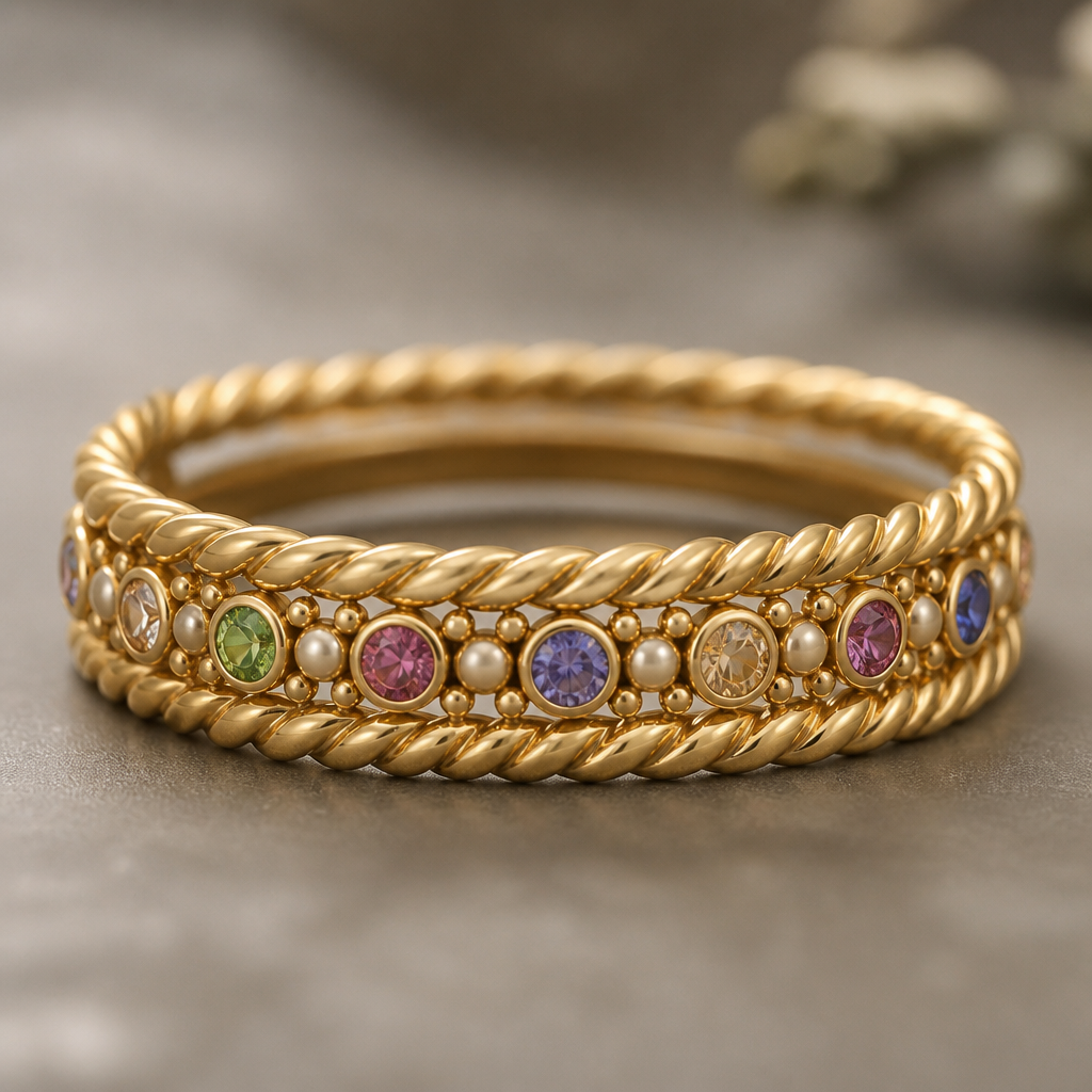 Gold double rope like band with multicolored diamonds and mini gold pearls inbetween the rope bands.
photorealistic jewelry design, Gold double rope like band with multicolored diamonds and mini gold pearls inbetween the rope bands. , nature_inspired style, just the design no text