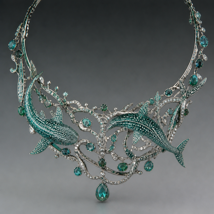 Give the whale sharks tails
edit the attached jewelry design with these instructions: Give the whale sharks tails. keep it photorealistic, just the design no text