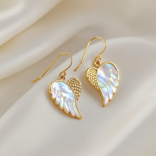 Серьги золотые в виде белого крыла ангела из перламутра 