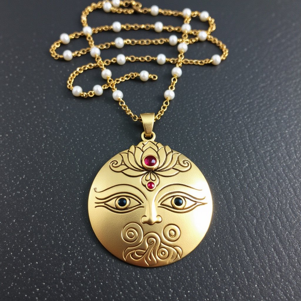 Кулон на длинной цепочке. Матовое светлое золото. В цепочке небольшие золотые шарики и жемчуг. Кулон в виде двух глаз над ними лотос с маленьким красным камнем внутри узоры завитушки 