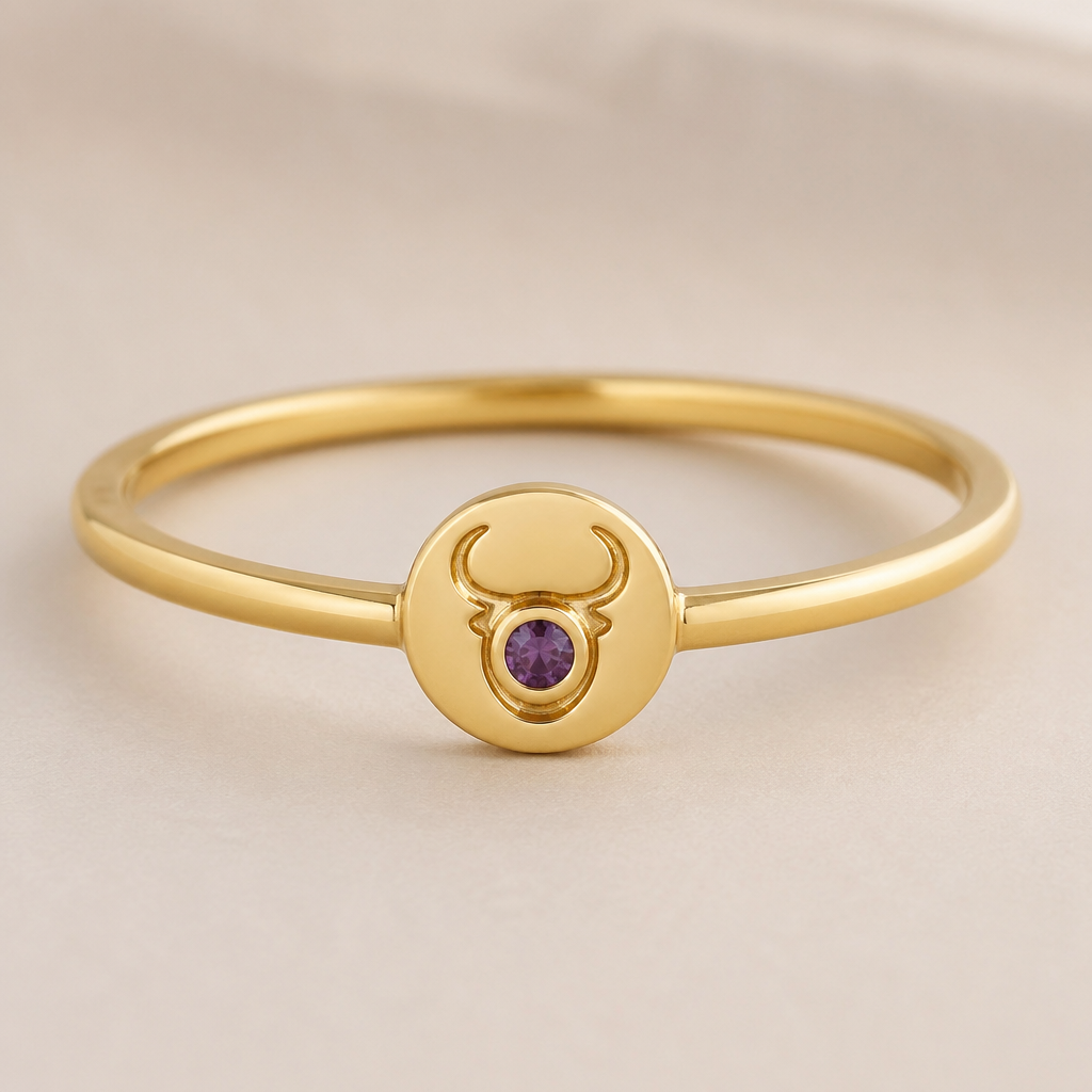 A minimalist women's ring made of gold with amethyst stones suitable for daily wear. um anel com fio dourado, ouro, a joia em um circulo pequeno cheio , cravado em si o signo de touro contendo no seu centro um estilhaço pequeno de amethyst. um fio elegante, discreto, com um toque de charme e delicado
photorealistic jewelry design, A minimalist women's ring made of gold with amethyst stones suitable for daily wear. um anel com fio dourado, ouro, a joia em um circulo pequeno cheio , cravado em si o signo de touro contendo no seu centro um estilhaço pequeno de amethyst. um fio elegante, discreto, com um toque de charme e delicado, minimalist style, just the design no text