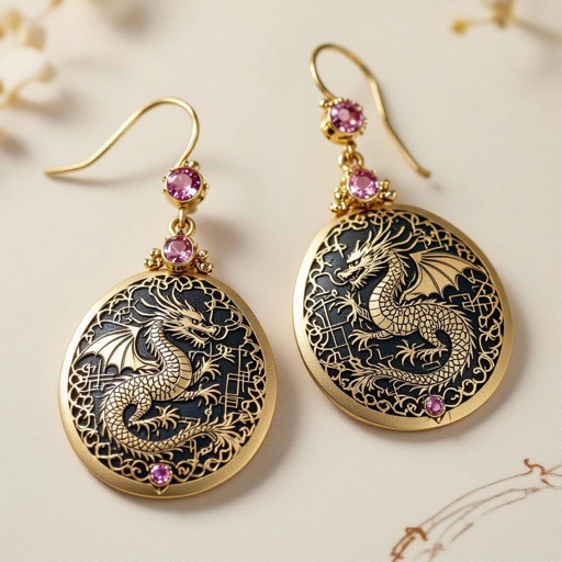 Золотые матовые серьги со схематическим изображением дракона узоры и камни мелкие раузтопаз