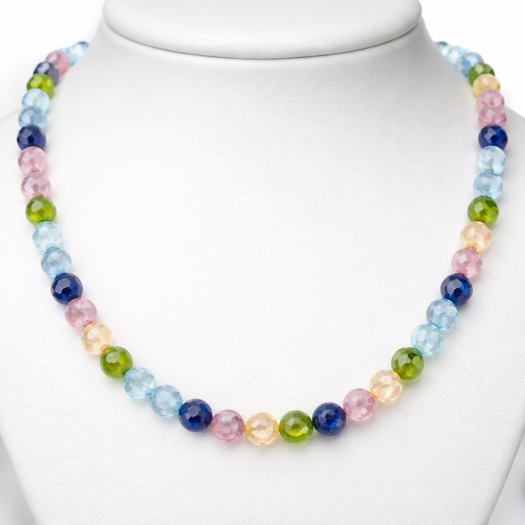 18 inch Gemstone necklace with colorful gemstones that are light blue, pink, dark blue, green, and yellow. May the gemstones be 6 mm
18 inch Gemstone necklace with colorful gemstones that are light blue, pink, dark blue, green, and yellow. May the gemstones be 6 mm