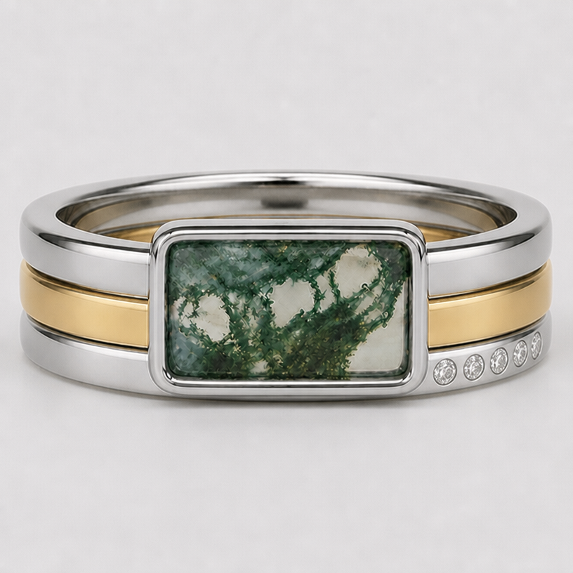 Now add a wedding band on one side, same thickness as one of the original bands in the stack, in white gold, with five, round, diamonds set in the band, level with the band surface