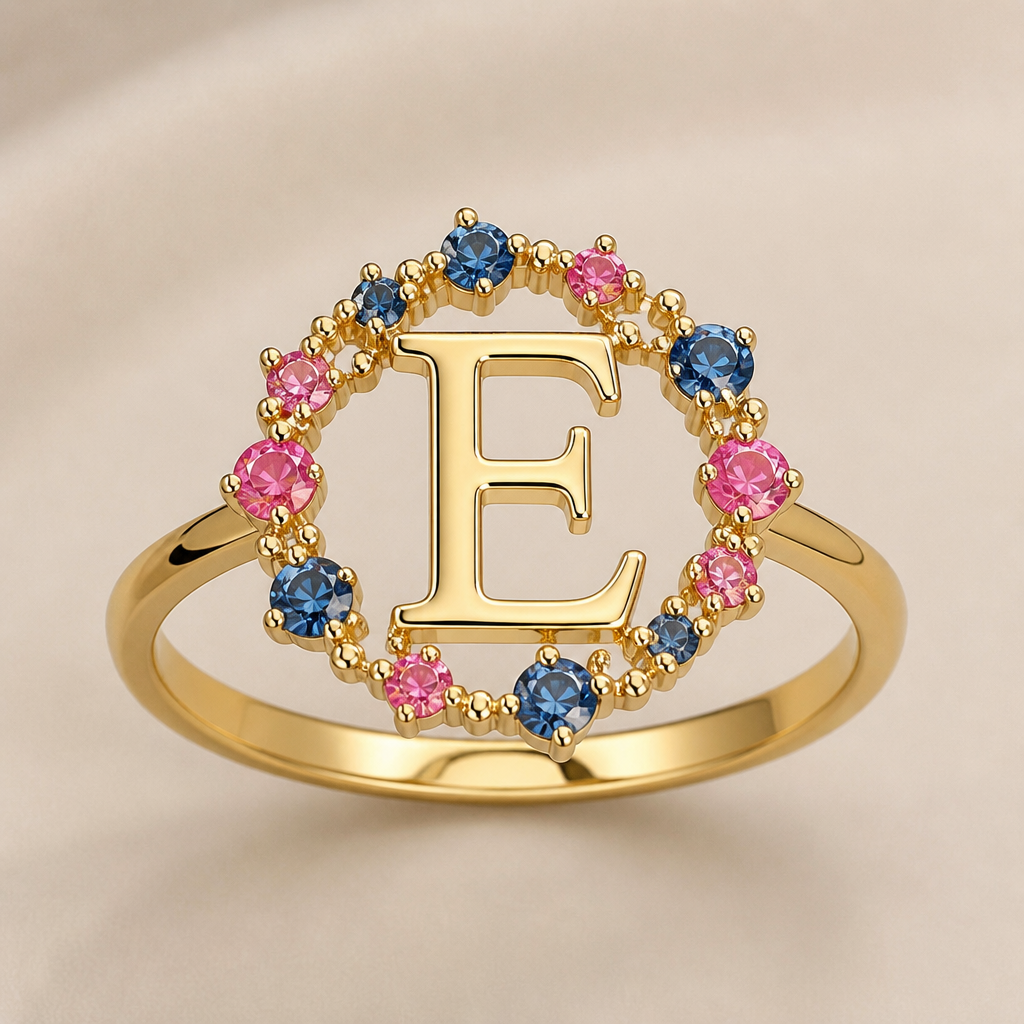 A modern women's ring made of gold. um anel de 15 anos com inicial E com pedrinhas azul e pedrinhas rosa em volta
photorealistic jewelry design, A modern women's ring made of gold. um anel de 15 anos com inicial E com pedrinhas azul e pedrinhas rosa em volta, modern style, just the design no text