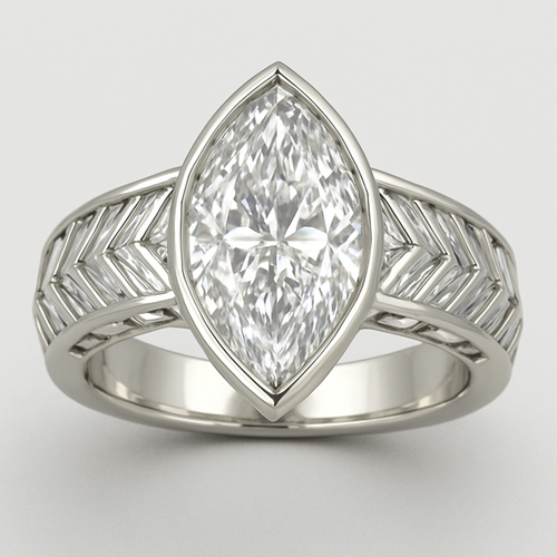 Bezel set 6 carat marquise diamond center stone with baguette diamonds in a herringbone pattern in the band