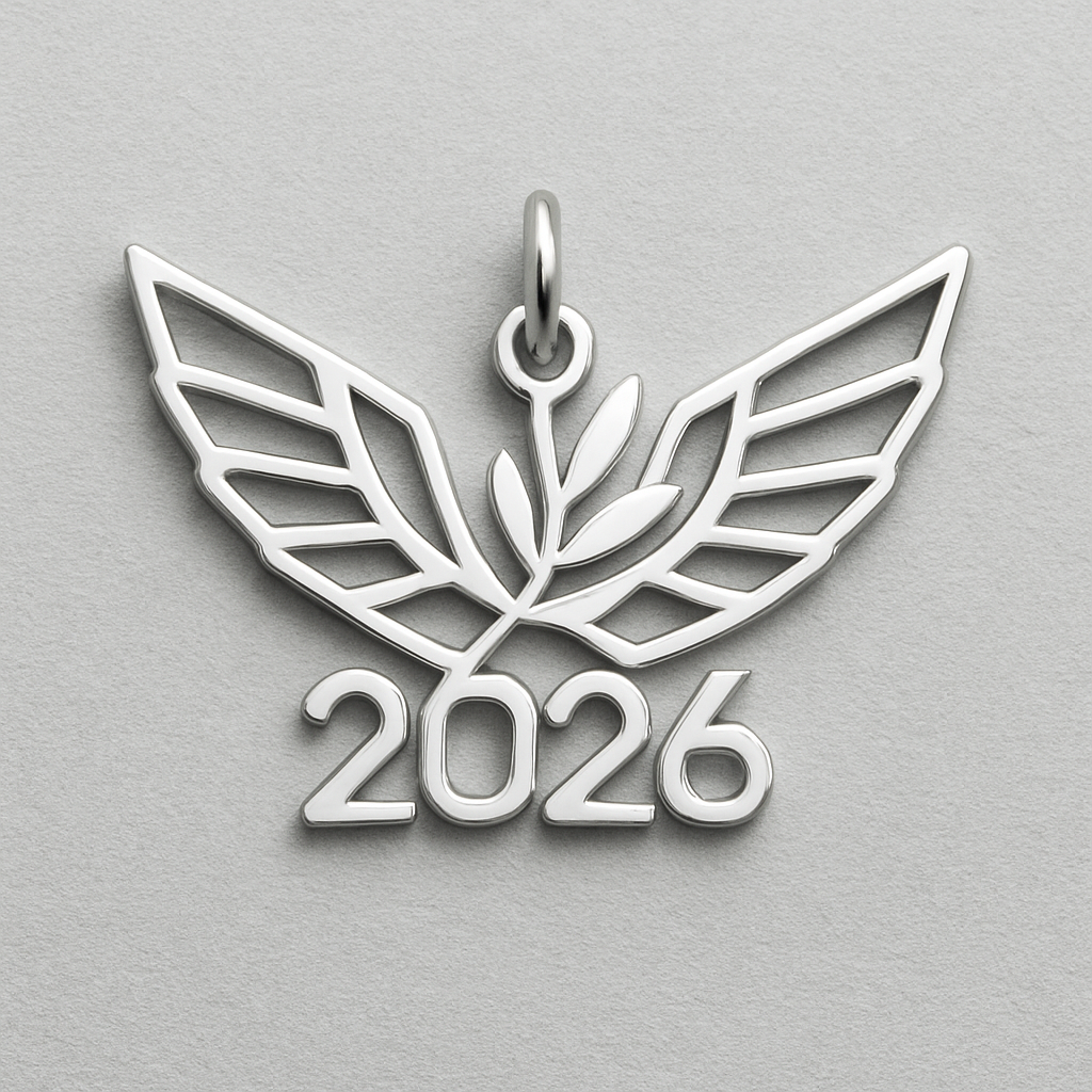 Silver cut-out charm blending together only the two spread out wings of a bird, an olive branch and  along year 2026