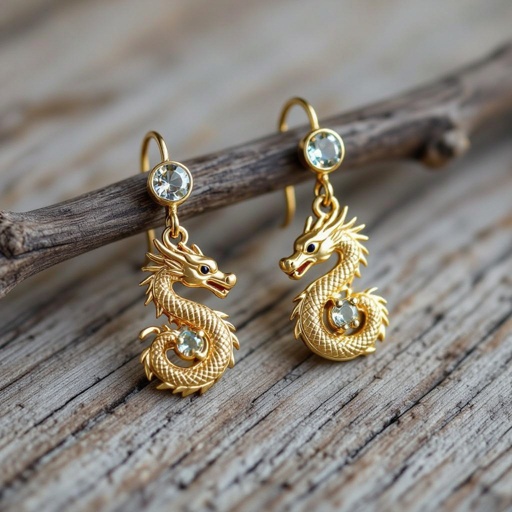 Золотые матовые серьги с изображением дракона узоры и камни мелкие раузтопаз