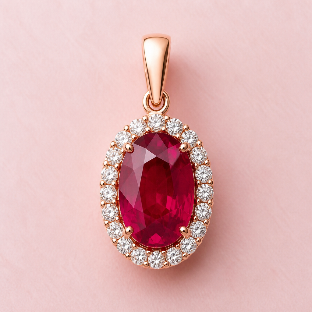 Ruby Jewelry with a blush pink background
photorealistic jewelry design, just the design, no text, Ruby pendant in rose gold, with a diamond halo, on a blush pink background.