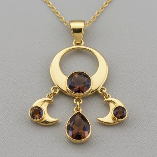 Подвеска из трех полумесяцев с узорами и камнями раухтопаза из матового неровного светлого золота с узорами соединенных цепочкой сверху самый широкий полукруг дальше средний и снизу самый маленький
