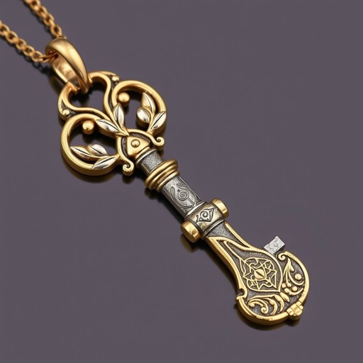 Old skeleton key shape gold and silver tones with olive branch turning on leg and keffieh print on the tip