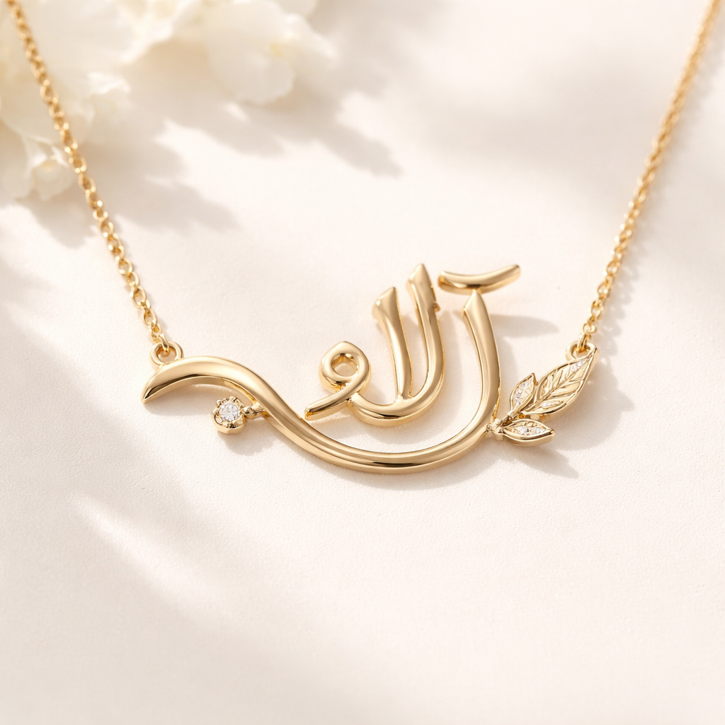 Arabic name "آلاء" transformed into a symbolic jewelry design,
representing blessings and beauty,
letters flowing like soft waves,
incorporate light or natural elements subtly,
luxury gold necklace, minimal and elegant