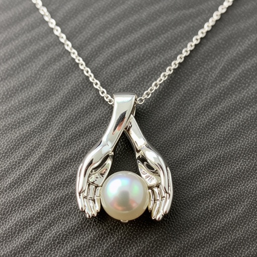 Украшение на шею серебряная цепочка с подвеской в виде двух ладоней которые держат жемчужину по центру