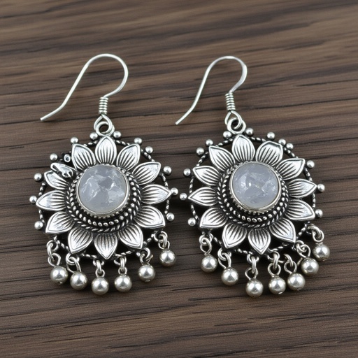 Серьги серебро изящный маленький лотос с необработанным хрусталем в центре