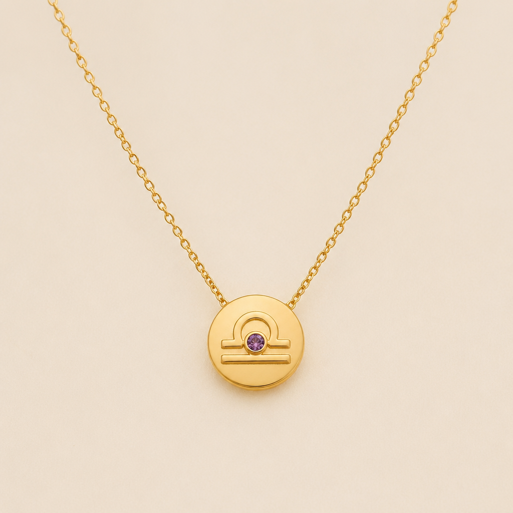 A minimalist women's necklace made of gold with amethyst stones suitable for daily wear. um colar com fio dourado, ouro, a joia em um circulo pequeno cheio , cravado em si o signo de libra contendo no seu centro um estilhaço pequeno de amethyst. um fio elegante, discreto, com um toque de charme e delicado
photorealistic jewelry design, A minimalist women's necklace made of gold with amethyst stones suitable for daily wear. um colar com fio dourado, ouro, a joia em um circulo pequeno cheio , cravado em si o signo de libra contendo no seu centro um estilhaço pequeno de amethyst. um fio elegante, discreto, com um toque de charme e delicado, minimalist style, just the design no text
