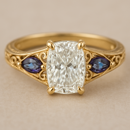 2 carat elongated cushion cut diamond engagement ring with double claw prongs in yellow gold ring with marquise shaped alexandrite side stones 