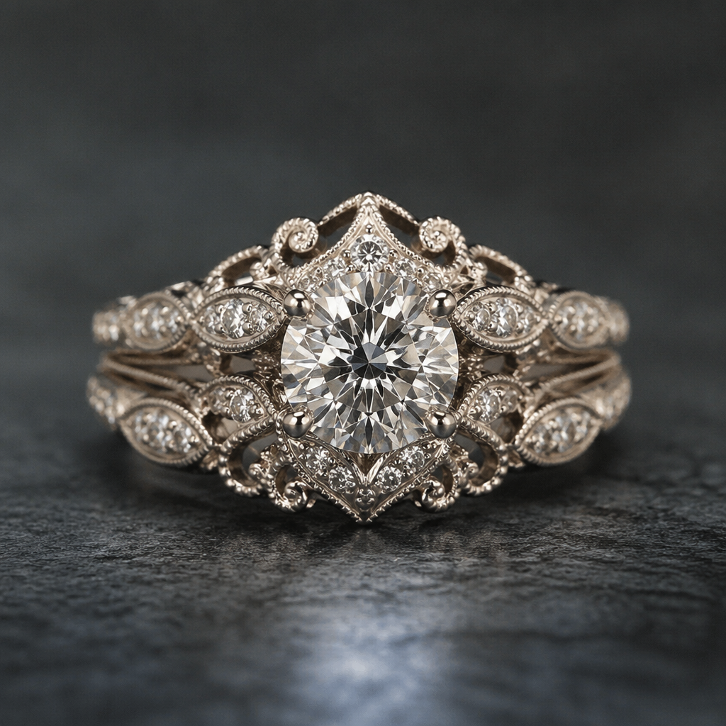 A women's ring. vintage heirloom wedding set with filigree and diamonds
photorealistic jewelry design, A women's ring. vintage heirloom wedding set with filigree and diamonds, modern style, just the design no text