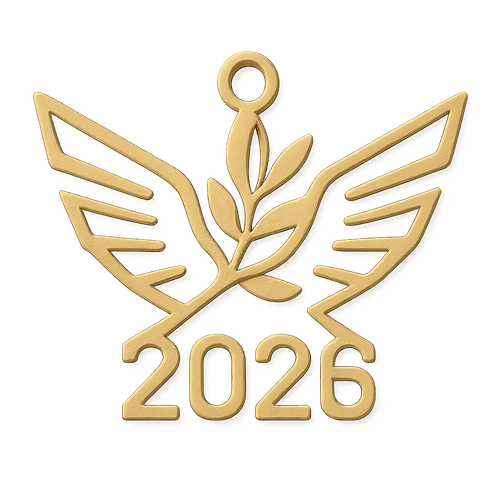 Matte Golden cut-out charm only with  two spread out bird wings, an olive branch and  along year 2026