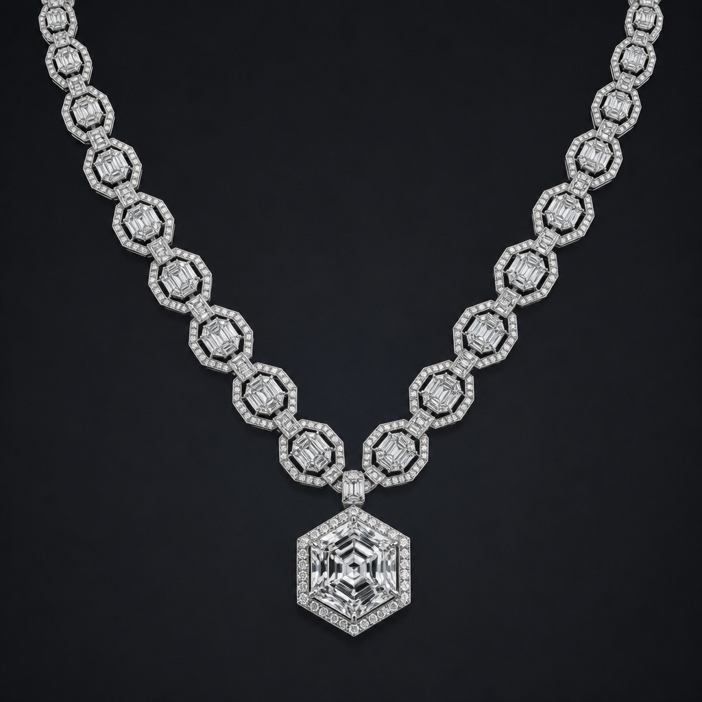 A luxury women's necklace made of silver with diamond stones. a necklace with a hexagon chain design and diamond inside with a big hexagon shape diamond as the pendant
photorealistic jewelry design, A luxury women's necklace made of silver with diamond stones. a necklace with a hexagon chain design and diamond inside with a big hexagon shape diamond as the pendant, luxury style, just the design no text