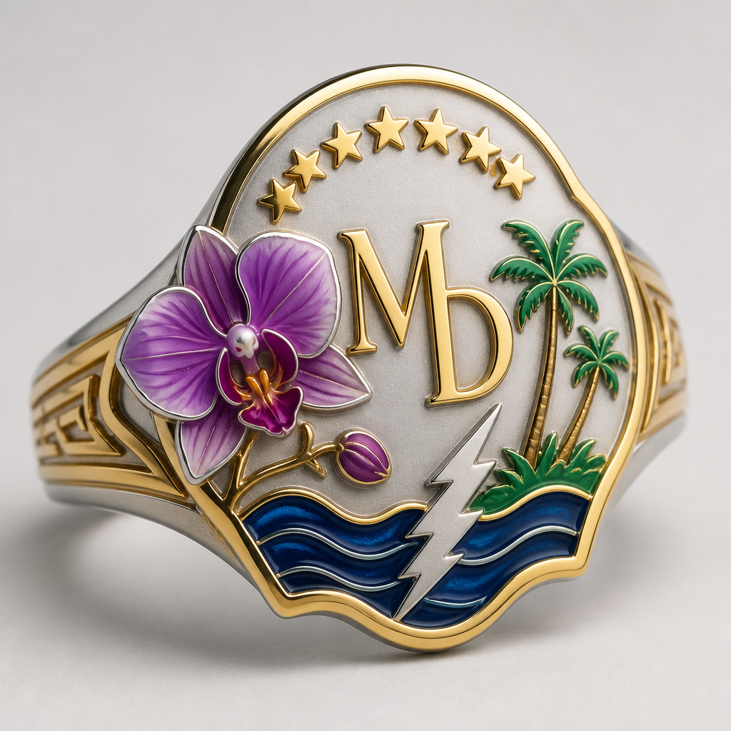 A women's ring. 1. **Material:** Acero inoxidable quirúrgico (duradero y brillante).
2. **Elemento Central:** Iniciales **M D** en relieve dorado.
3. **Protagonista:** Una **Orquídea (Flor de Mayo)** esmaltada en tonos morados y lilas en un lateral del escudo.
4. **Símbolos Patrios y Regionales:**
* Arco de **8 estrellas** amarillas.
* Grabado de **Palmas de Coco** verdes.
* Base con ondas de azul profundo (**Lago**) y un rayo blanco (**Catatumbo**).
5. **Lema en Wayuunaiki:**
> **Waneepiaa • Kojutaa • Atüjaa**
> *(Lealtad • Honor • Sabiduría)*
photorealistic jewelry design, A women's ring. 1. **Material:** Acero inoxidable quirúrgico (duradero y brillante).
2. **Elemento Central:** Iniciales **M D** en relieve dorado.
3. **Protagonista:** Una **Orquídea (Flor de Mayo)** esmaltada en tonos morados y lilas en un lateral del escudo.
4. **Símbolos Patrios y Regionales:**
* Arco de **8 estrellas** amarillas.
* Grabado de **Palmas de Coco** verdes.
* Base con ondas de azul profundo (**Lago**) y un rayo blanco (**Catatumbo**).
5. **Lema en Wayuunaiki:**
> **Waneepiaa • Kojutaa • Atüjaa**
> *(Lealtad • Honor • Sabiduría)*, modern style, just the design no text