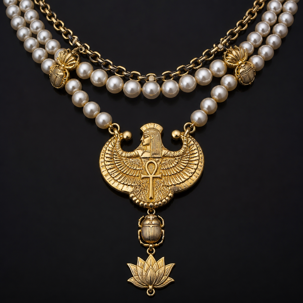 A women's necklace. Luxury handmade Egyptian pharaonic necklace design, wide Mallorca pearl strands, ancient Egyptian gold pendant, lotus flower charm, scarab and ankh details, elegant layered necklace, stainless steel chain mixed with pearls, royal Cleopatra inspired jewelry, black and gold aesthetic, premium handcrafted accessory, realistic jewelry design, studio lighting
photorealistic jewelry design, A women's necklace. Luxury handmade Egyptian pharaonic necklace design, wide Mallorca pearl strands, ancient Egyptian gold pendant, lotus flower charm, scarab and ankh details, elegant layered necklace, stainless steel chain mixed with pearls, royal Cleopatra inspired jewelry, black and gold aesthetic, premium handcrafted accessory, realistic jewelry design, studio lighting, modern style, just the design no text