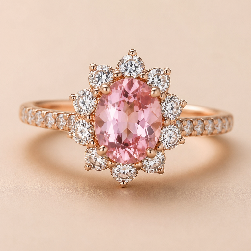 A luxury women's ring made of rose gold with ruby and diamond stones suitable for engagement. I want u design a beautiful ring with oval cut light pink colour ruby with surrounded by mini dimonds such ruby forms the center while mini dimonds forms petal of flower
photorealistic jewelry design, A luxury women's ring made of rose gold with ruby and diamond stones suitable for engagement. I want u design a beautiful ring with oval cut light pink colour ruby with surrounded by mini dimonds such ruby forms the center while mini dimonds forms petal of flower, luxury style, just the design no text