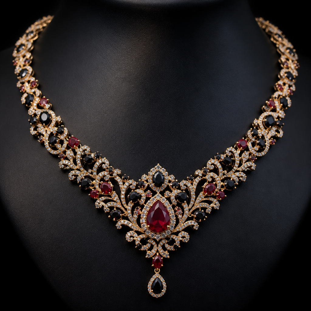 A luxury women's necklace made of gold with diamond stones suitable for birthday, highly ornate, intricate and elaborate, richly detailed. corente de diamante negro y vermelho
photorealistic jewelry design, A luxury women's necklace made of gold with diamond stones suitable for birthday, highly ornate, intricate and elaborate, richly detailed. corente de diamante negro y vermelho, luxury style, just the design no text