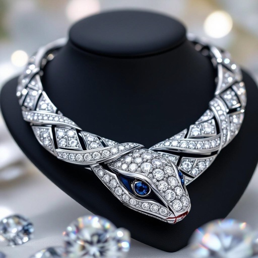 Necklace of geometric snake leather with diamonds of architecture shapes