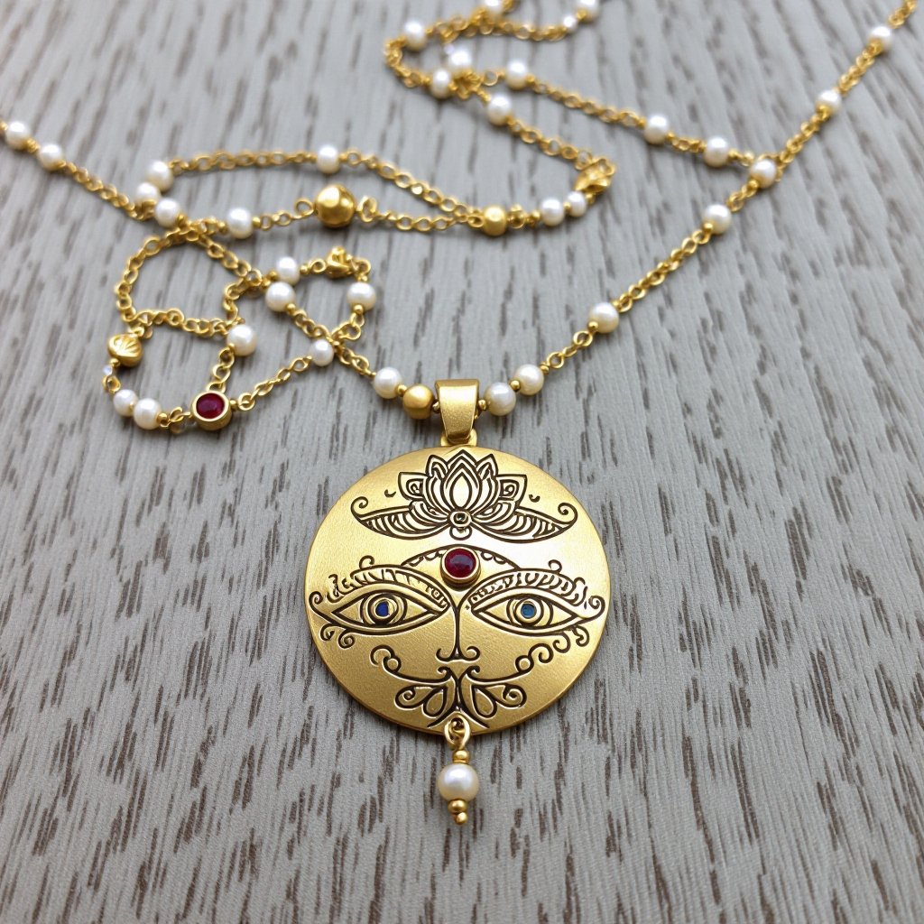 Кулон на длинной цепочке. Матовое светлое золото. В цепочке небольшие золотые шарики и жемчуг. Кулон в виде двух глаз над ними лотос с маленьким красным камнем внутри узоры завитушки 