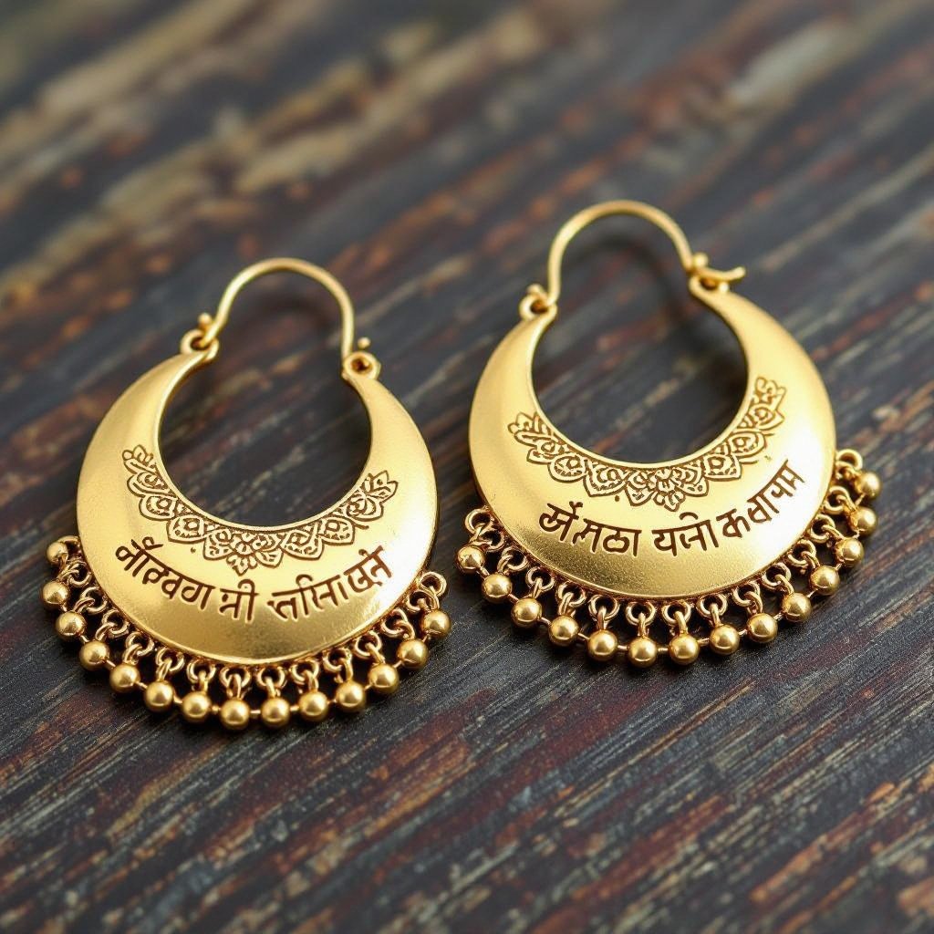 Серьги золотые в форме тонкого изящного полумесяца, полукруг как продолжение застежки, на полукруге надписи мантрами на санскрите