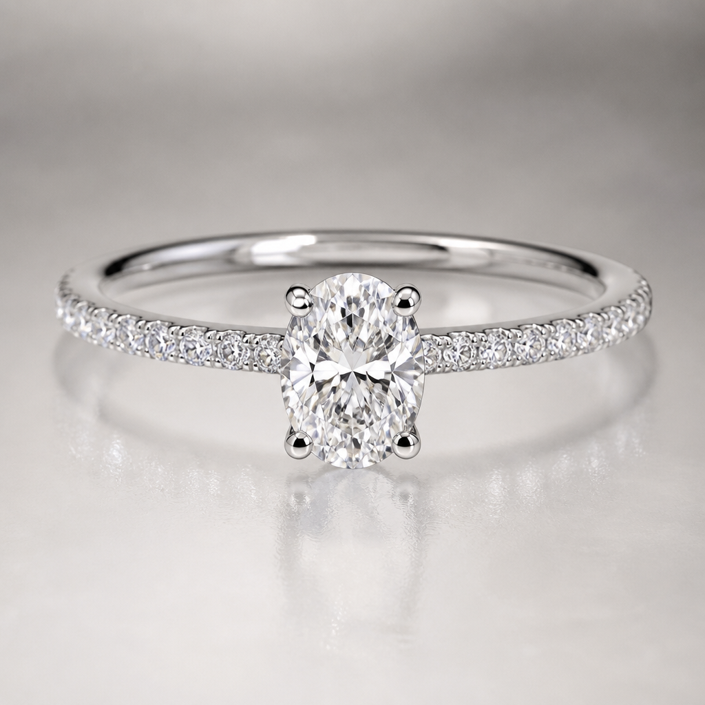 A luxury women's ring made of white gold with diamond stones suitable for wedding, minimalist, simple and delicate, clean lines. A 0.70-carat oval diamond is used as the center stone.
photorealistic jewelry design, A luxury women's ring made of white gold with diamond stones suitable for wedding, minimalist, simple and delicate, clean lines. A 0.70-carat oval diamond is used as the center stone., luxury style, just the design no text