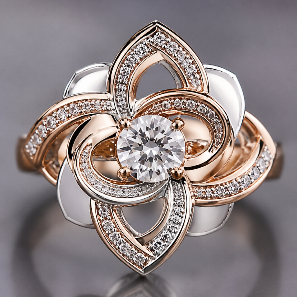 A statement women's ring made of mixed metal with diamond stones suitable for festival. An extraordinary excellent beautiful delicate and elegant solitaire women ring. Face of the ring.
photorealistic jewelry design, A statement women's ring made of mixed metal with diamond stones suitable for festival. An extraordinary excellent beautiful delicate and elegant solitaire women ring. Face of the ring., statement style, just the design no text