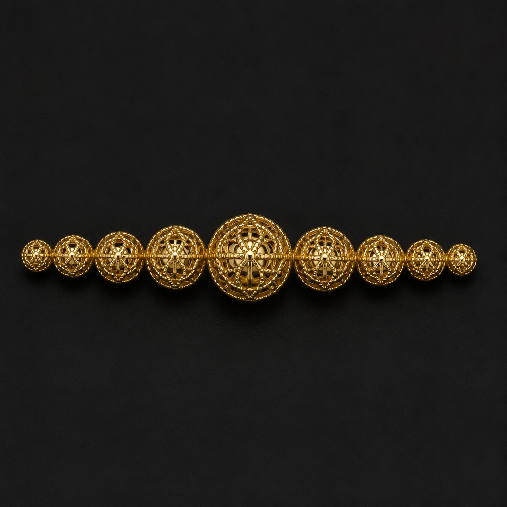 It consists of 9 round shaped balls size decreases accordingly from centre to right and left. The balls has spider shaped net
photorealistic jewelry design, It consists of 9 round shaped balls size decreases accordingly from centre to right and left. The balls has spider shaped net , ethnic style, just the design no text