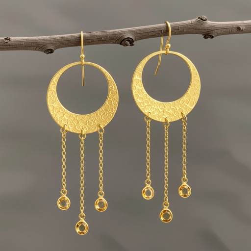 Золотые серьги словно мятое золото в форме узкого изящного полумесяца. Верхушка полумесяца крепится к застежке серьги.  От полумесяца идет три цепочки, у каждой на конце мелкий камушек цитрин