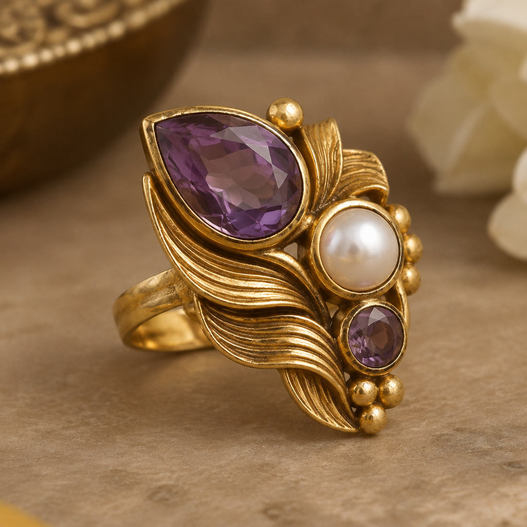A women's ring with amethyst and pearl stones suitable for festival. West Bengal inspired brass Ring with purple and pearl stones
photorealistic jewelry design, A women's ring with amethyst and pearl stones suitable for festival. West Bengal inspired brass Ring with purple and pearl stones, modern style, just the design no text