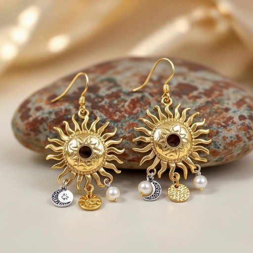 Золотые серьги словно мятое золото в форме горящего солнца с волнистыми лучами, в центре солнца круглая дыра. крепится к застежке серьги. К нижней части солнца крепятся подвески: миниатюрная серебристая луна, очень маленький жемчуг и маленький золотой кружочек с мятым эффектом плоский
