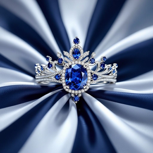 Blue Saphire Stone mit Silber als base und Navy Blue Stoff an einer Krone