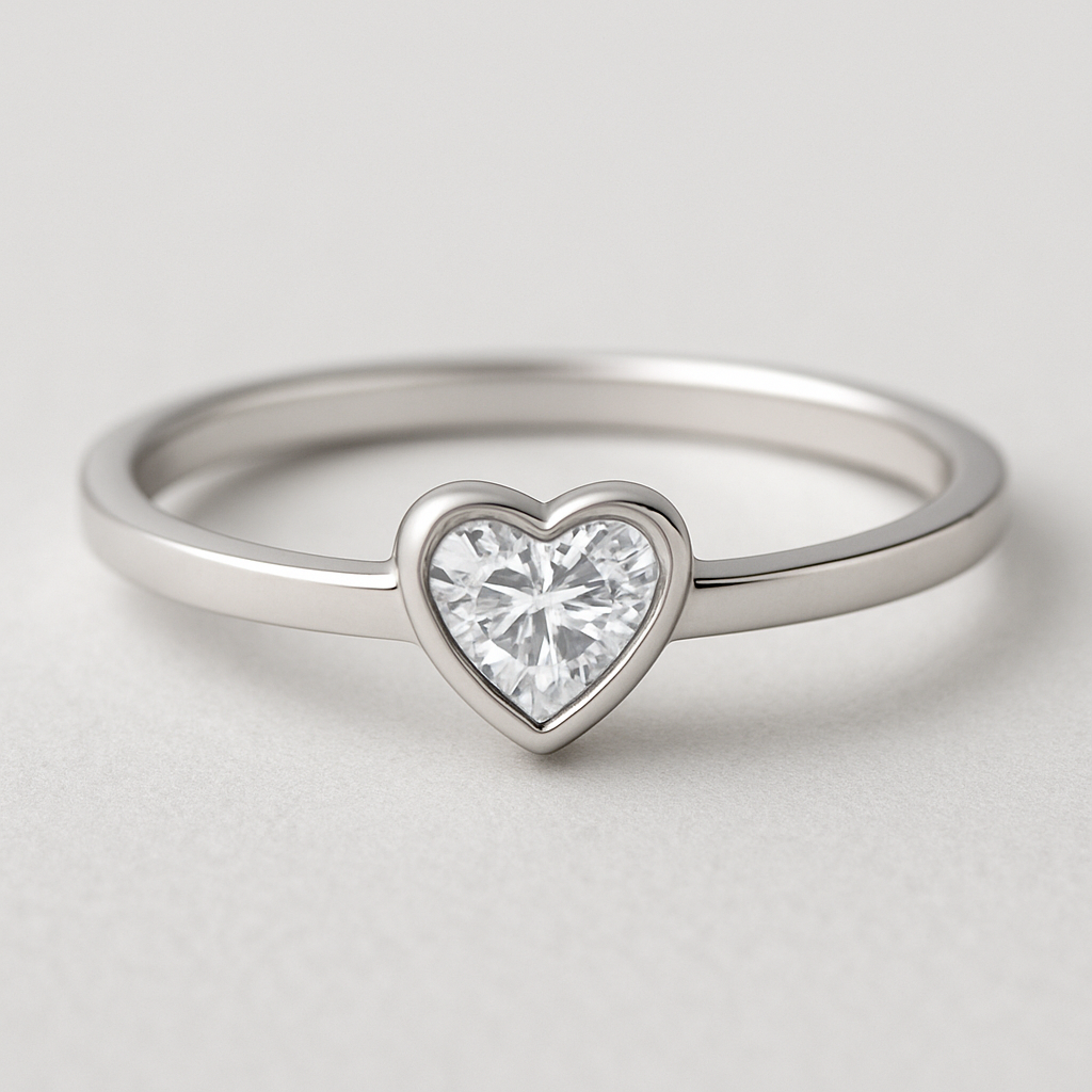 create a jewellery design in silver with a single heart shaped diamond. The design should be minimal
Minimalist silver ring with a heart-shaped diamond in a bezel setting.