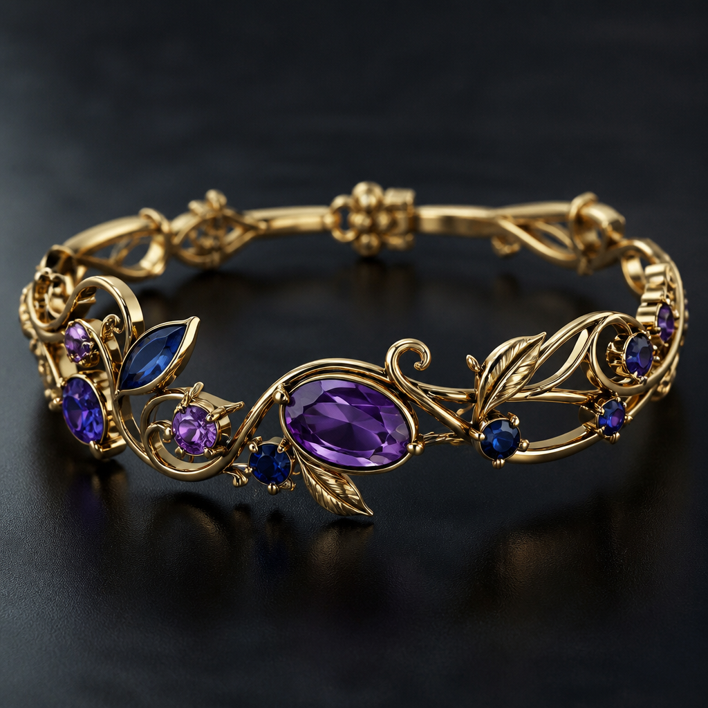 A art nouveau women's bracelet made of gold with amethyst and sapphire stones suitable for formal, highly ornate, intricate and elaborate, richly detailed. sencillo y delicado pero con pequeñas ramitas
photorealistic jewelry design, A art nouveau women's bracelet made of gold with amethyst and sapphire stones suitable for formal, highly ornate, intricate and elaborate, richly detailed. sencillo y delicado pero con pequeñas ramitas, art_nouveau style, just the design no text