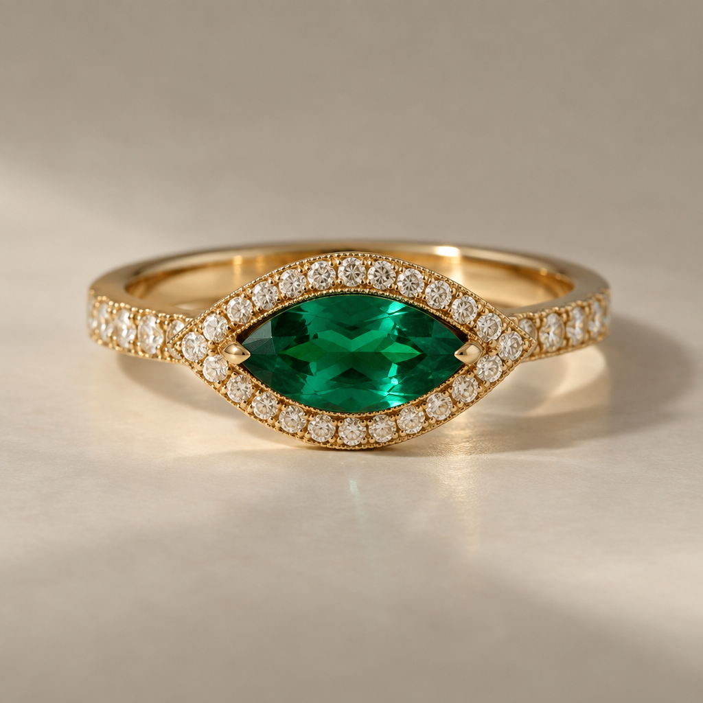 Emerald eye shape. Gold
photorealistic jewelry design, Emerald eye shape. Gold , luxury style, just the design no text
