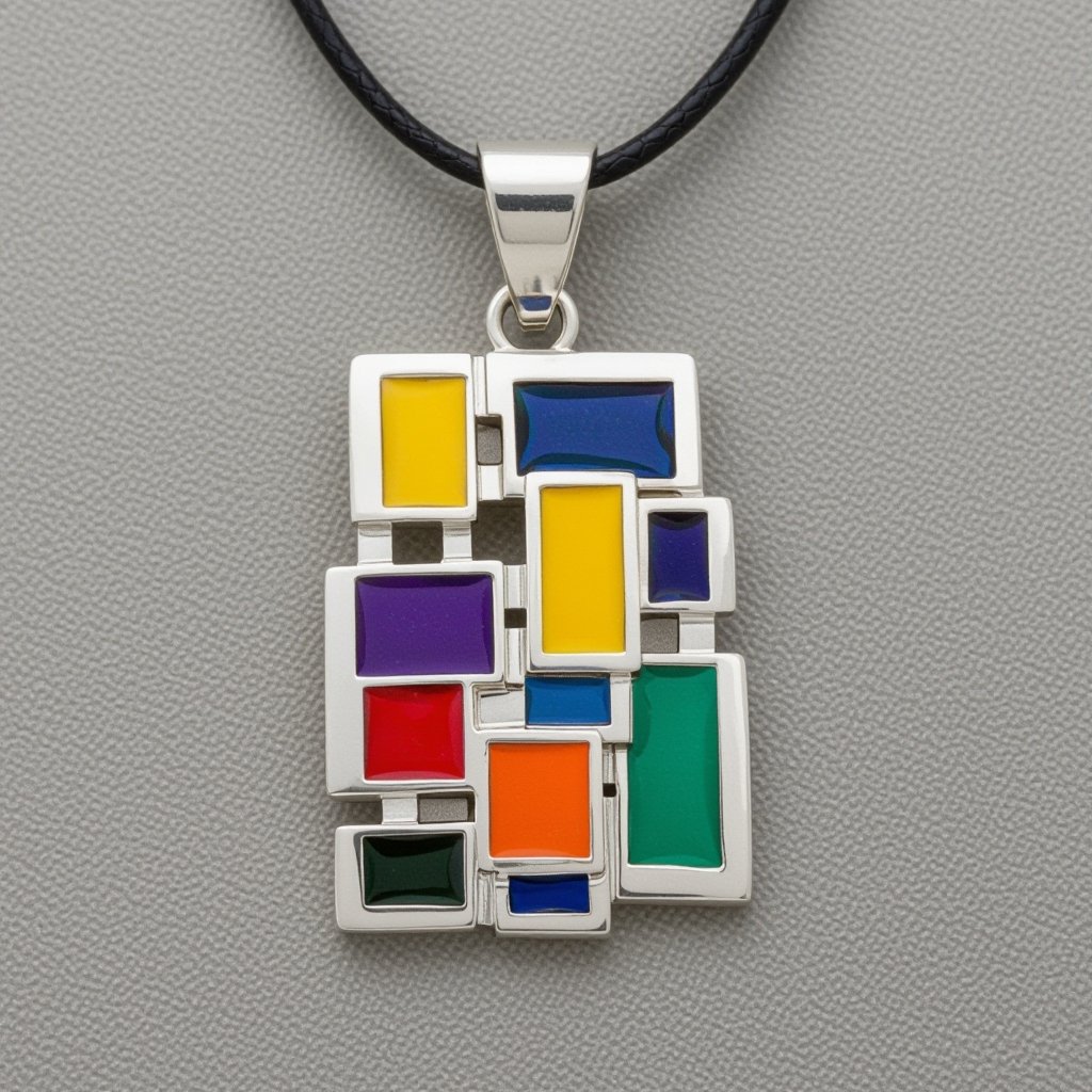 Geomatric pendant of set with different enamell color of geomatric and architectural shapes and volume edge style
