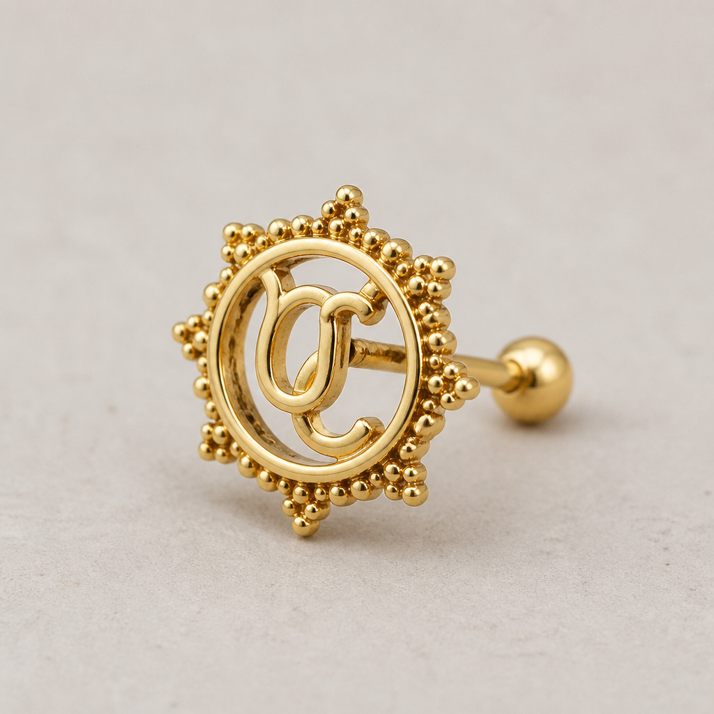 Create a stud nose ring with UC on it
photorealistic jewelry design, Create a stud nose ring with UC on it, heritage style, just the design no text