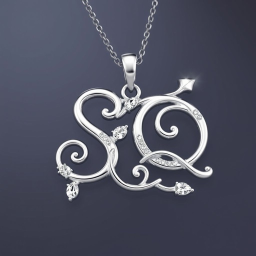 silver necklace with the pendant in letter letters SQ in a unique way with white  stones. Make it cute and simple 