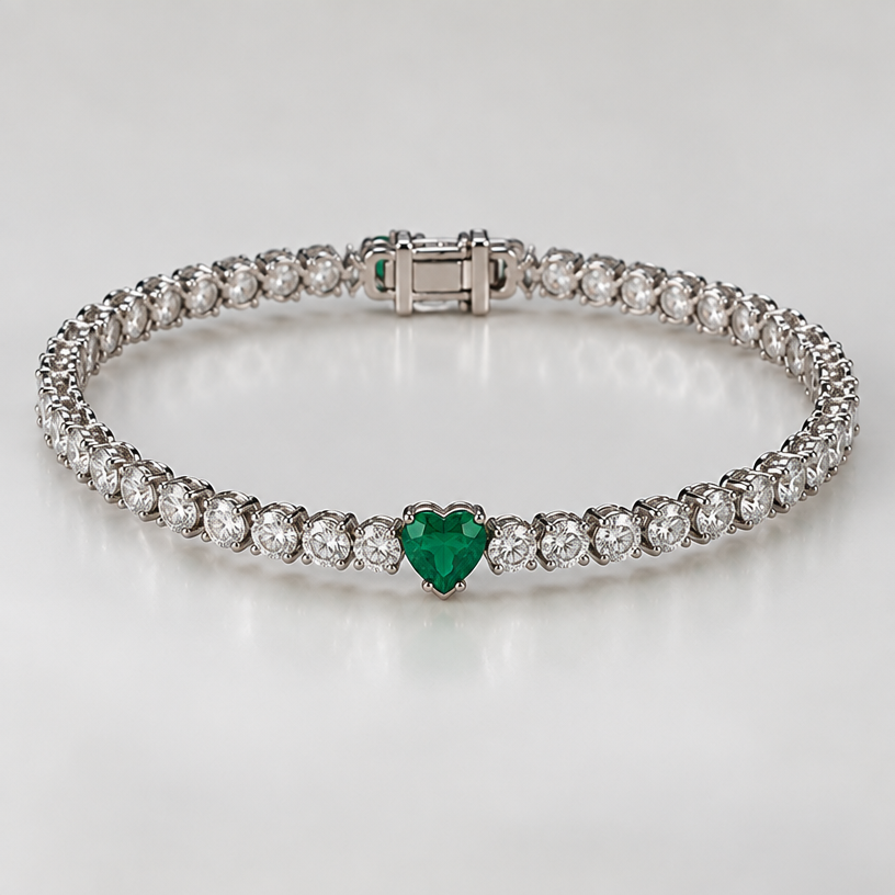 Only 1 heart emerald the test just regular tennis heart bracelet
edit the attached jewelry design with these instructions: Only 1 heart emerald the test just regular tennis heart bracelet. keep it photorealistic, just the design no text